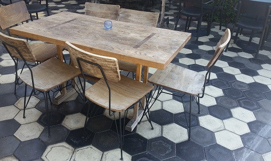 The patio at Zinqué  Cafe in Los Angeles California us Hexagon Cement Tiles to create a hip vibe