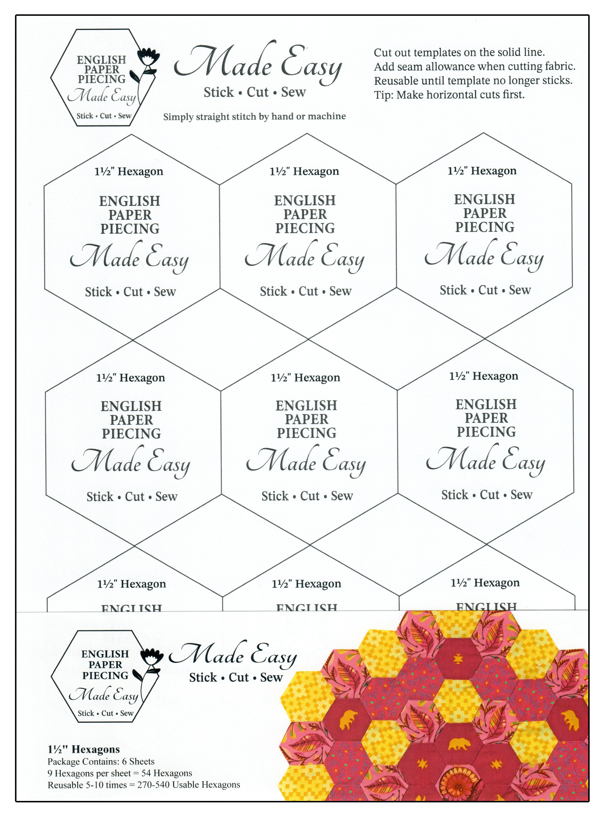 English Paper Piecing Made Easy | Templates for Hexagon 1-1/2"