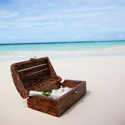 open small treasure chest on beach