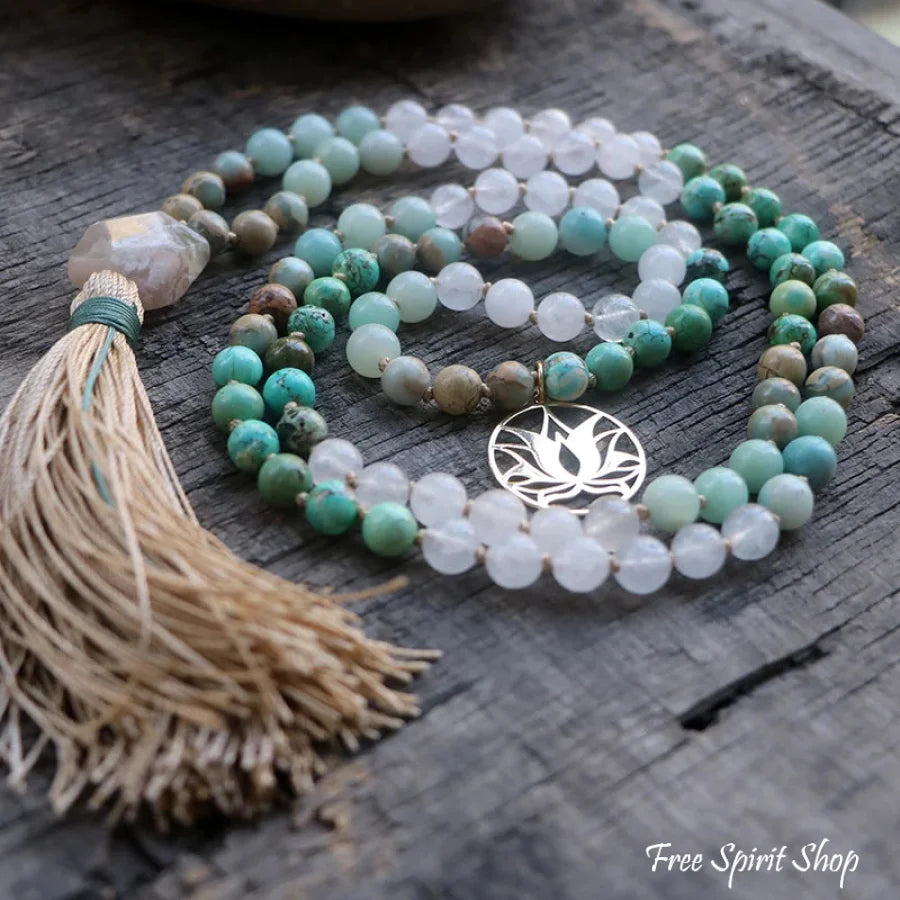 Boho Turquoise & Jasper Mala Necklace with a Tibetan Endless Knot Symb –  Naked Planet Jewelry