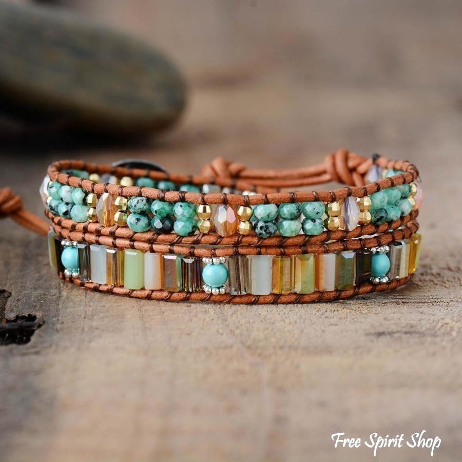 Natural Semi-Precious Gemstones Love Leather Wrap Bracelet