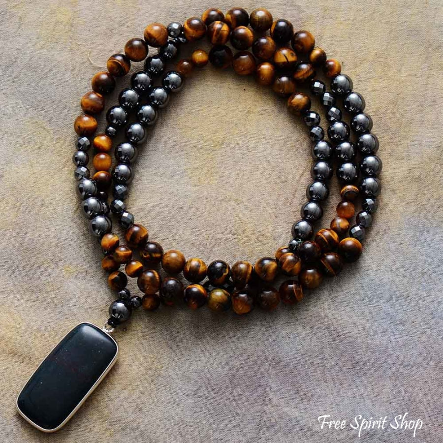 Phiyani Rue - Tigers Eye and Black Agate Beaded Necklace w/ Hematite for men