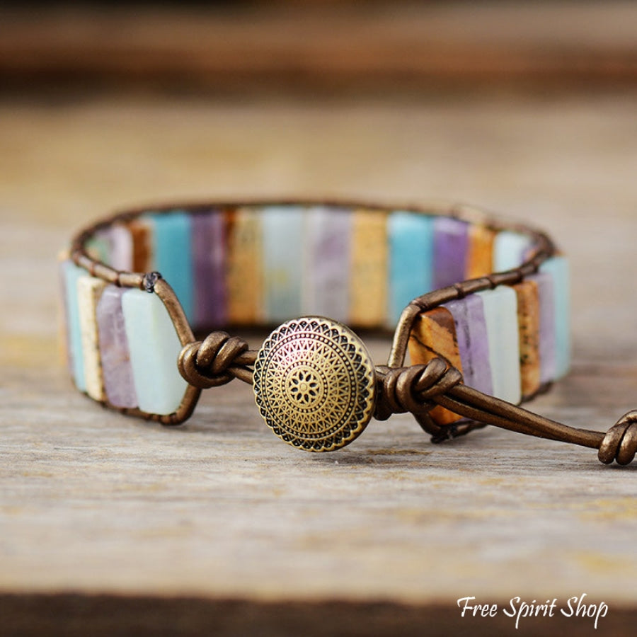 Single leather wrap bracelet with gemstone beads