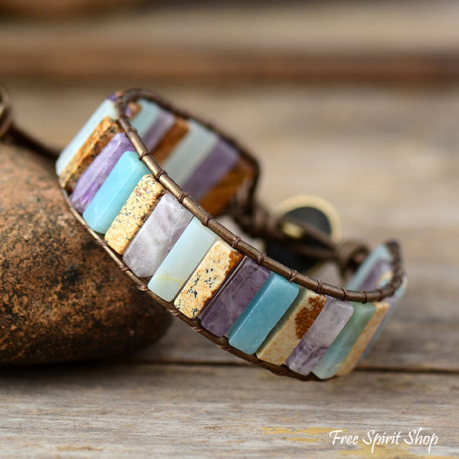 Single leather wrap bracelet with gemstone beads