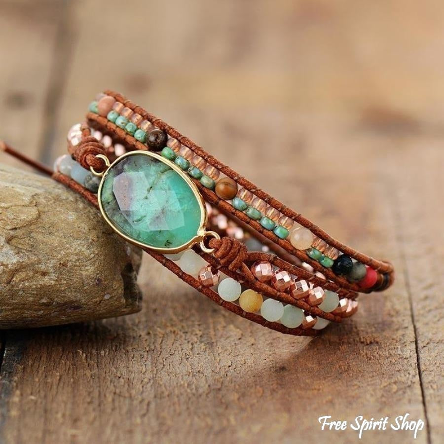 Single leather wrap bracelet with gemstone beads