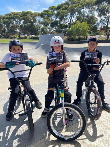 15 & Under Podium Koa Butler, Jayden Knobben and Wyatt Markwell hold up their prize from round 2 of the Victorian State Freestyle BMX Championships Qualifying