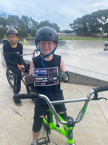 11 & Under Winner Duncan Crawford holds up his prize at the 2nd stop of Victorian State Freestyle BMX Championship Qualifying