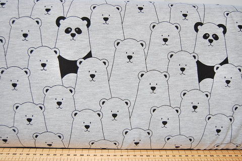 Fabric Shack Sewing Dressmaking T-Shirt Sew Cotton Jersey Panda Teddy Polar Bear Black Grey