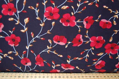 Fabric Shack Sewing Dressmaking T-Shirt Dress Top Sew Polyester Elastane Brushed Jersey Super Soft Poppies Flower Floral Navy Blue