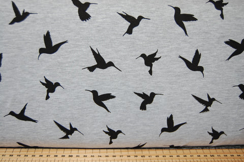 Fabric Shack Sewing Dressmaking T-Shirt Sew Cotton Jersey Hummingbird Bird Swooping Silhouette Black Grey