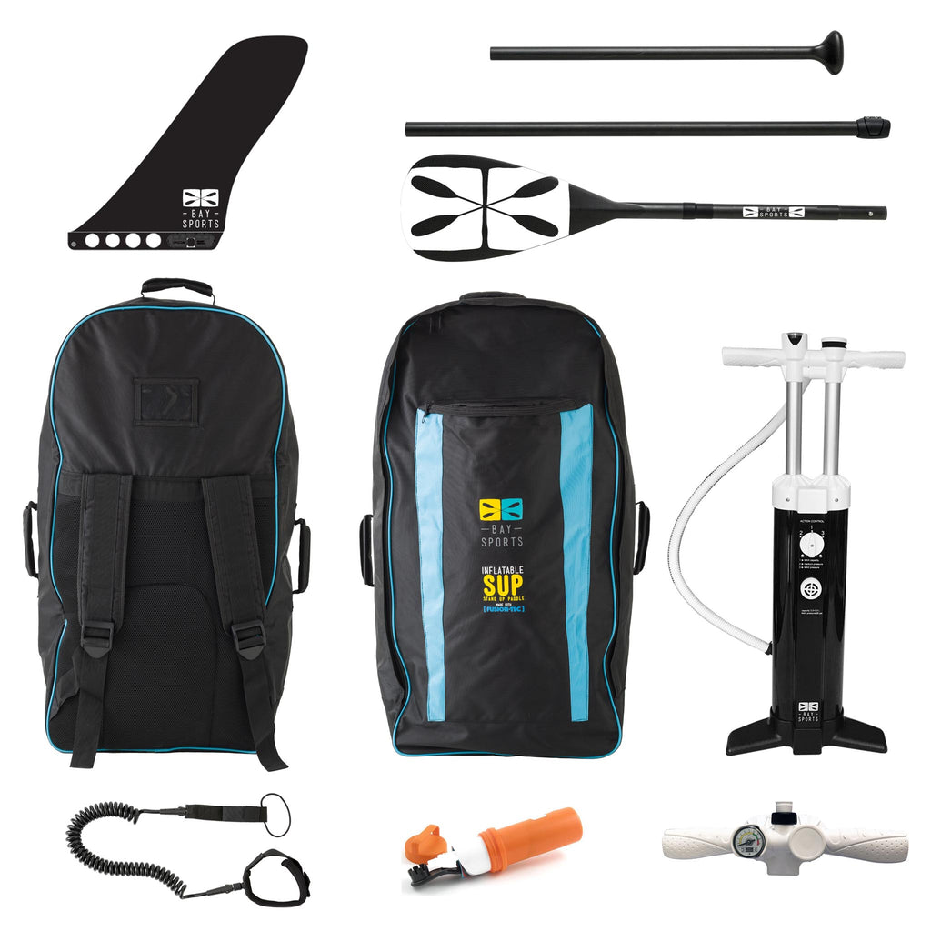 Bay Sports iSUP Bag, Triple Action SUP Pump, 3-piece Fibreglass Paddle, Coil Leash, Repair Kit, 9" FCS Connect II Fin