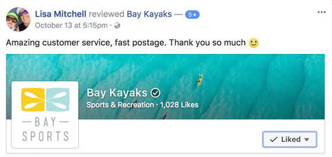 Bay Kayaks Customer Facebook Review Testimonial 