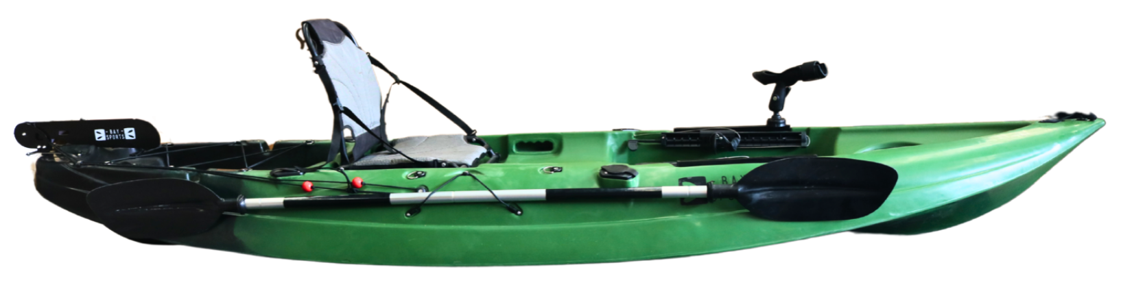Side profile view of army green black Perch 3.3m fishing kayak