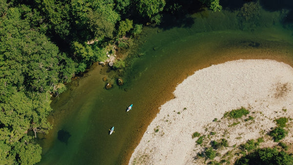 Aerial shot of river and kayakers