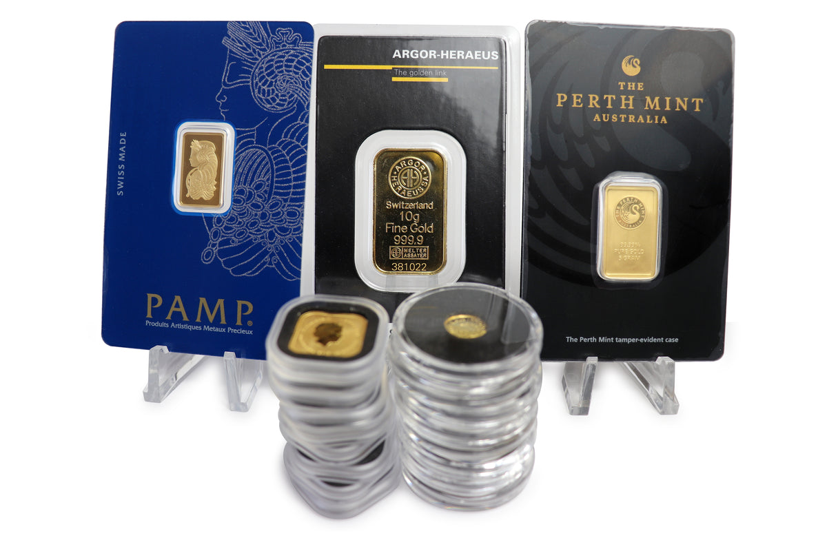 Gold coins, bars and rounds.