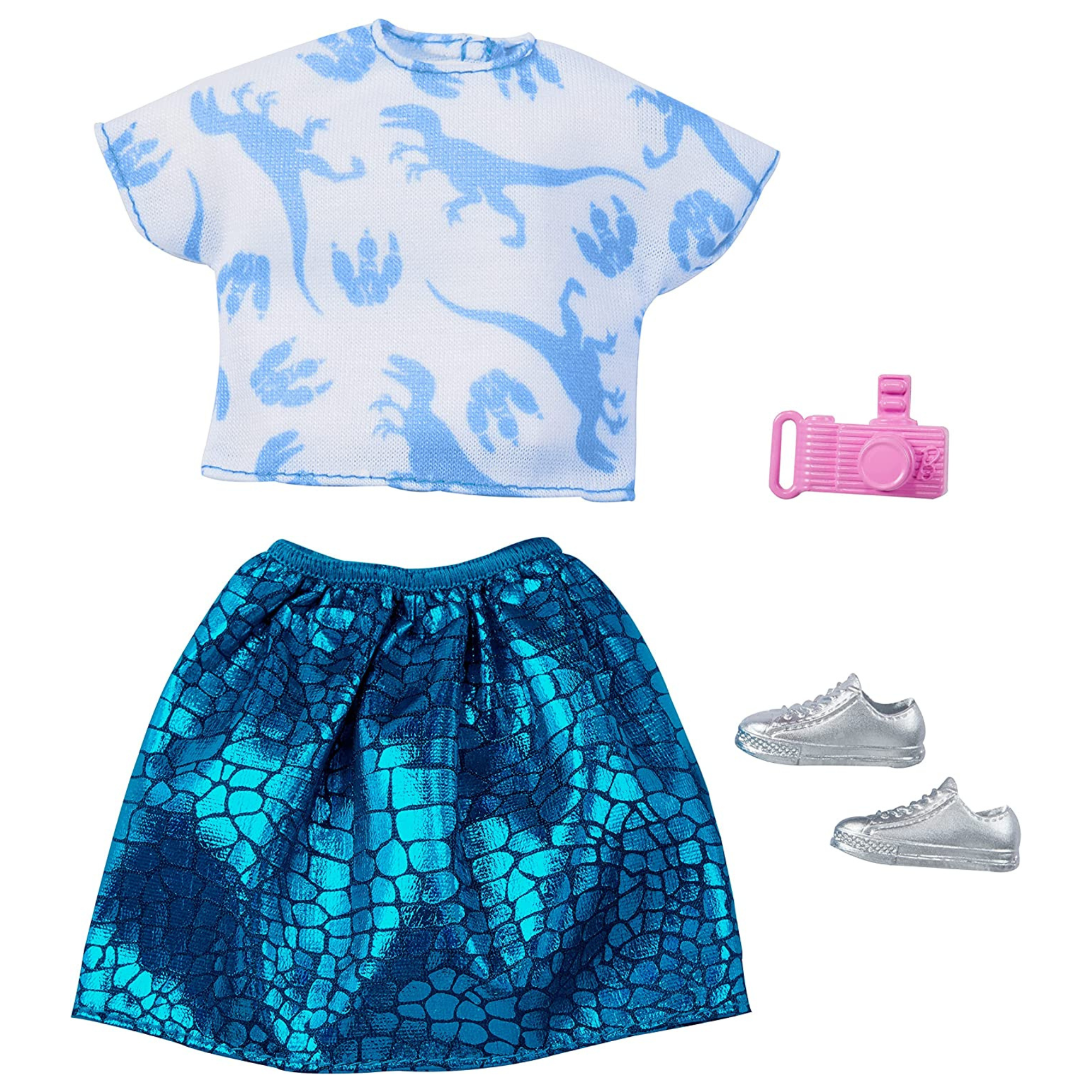 Barbie Jurassic World Fashion Look Pack -Turquoise Shiny Skirt with Shirt, Shoes and Camera Shoes and Necklace