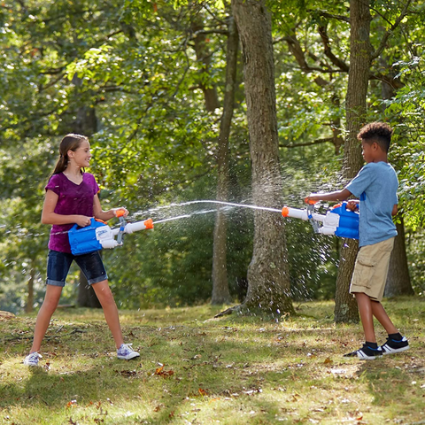 Girl & Boy playing with Super Soaker Gun