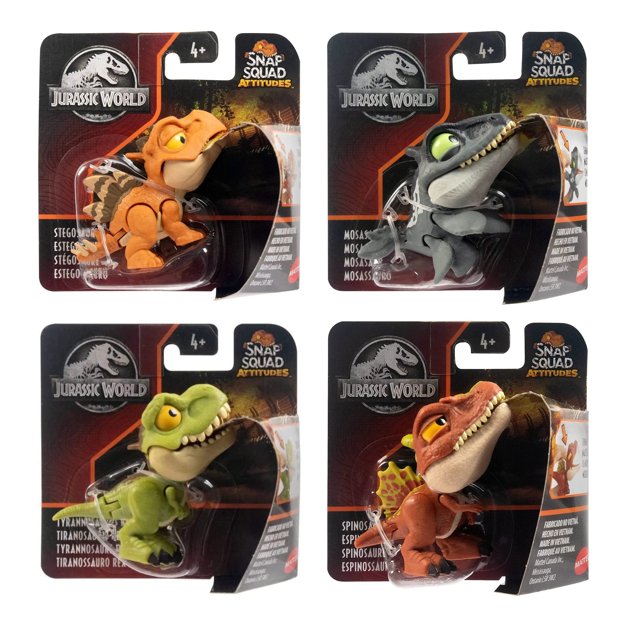 Jurassic World Snap Squad Attitudes Dinosaur Figure Set of 4 - Spinosaurus, Mosasaurus, Tyrannosaurus Rex & Stegosaurus