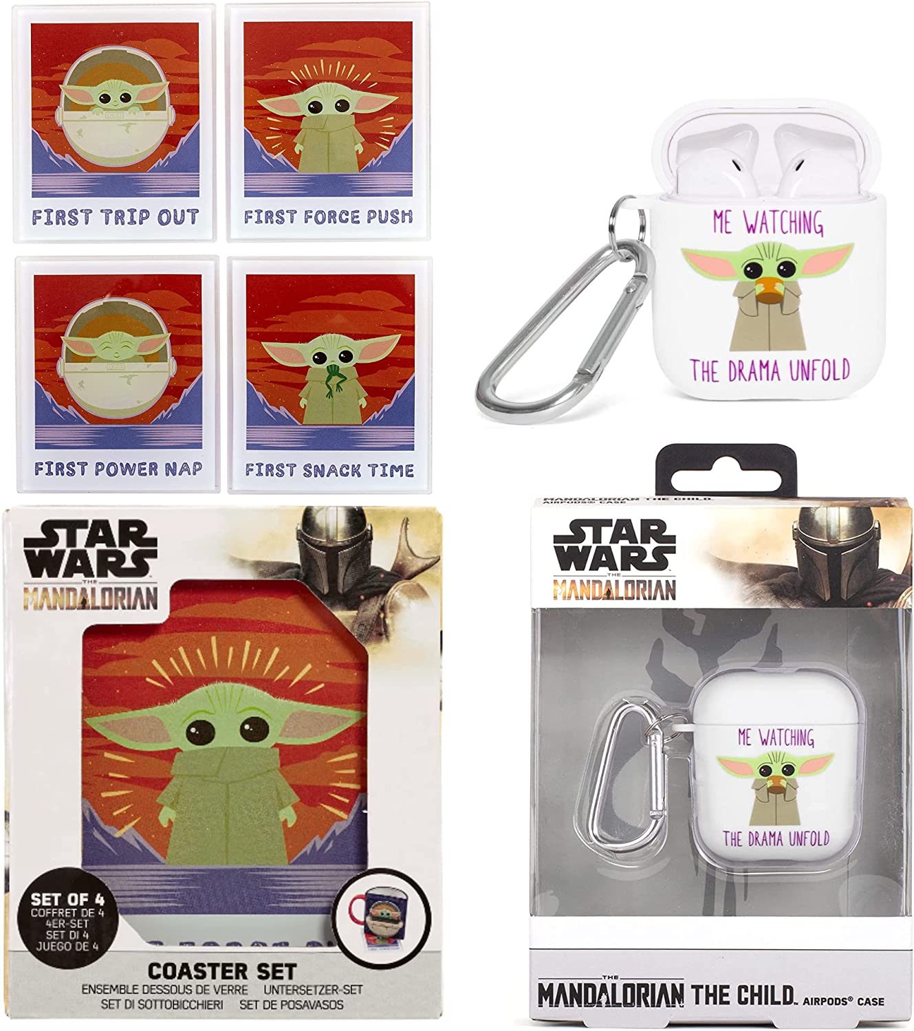 Mandalorian the Child Gift Set - Set of 4 Glass Coasters & The Child Airpod Case - Gift Set of 2