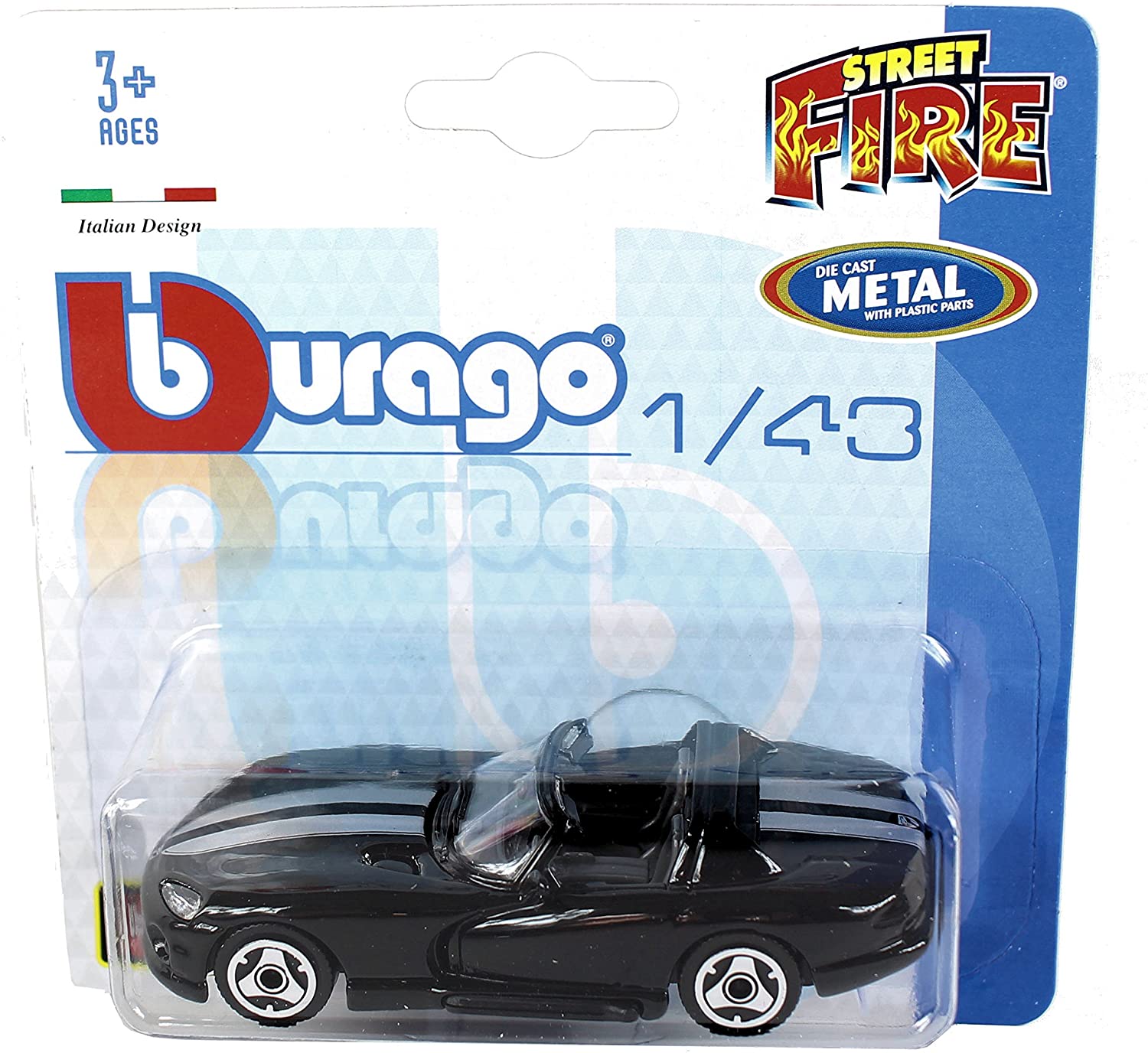 Bburago New 1/43 Diecast Model Car - Dodge Viper Convertible in Black Street Fire' Range