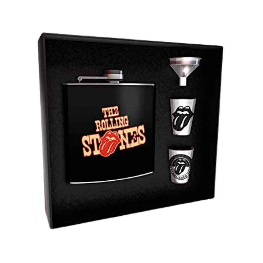 The Rolling Stones Tongue Hip Flask and Metal Glasses Drinking Set