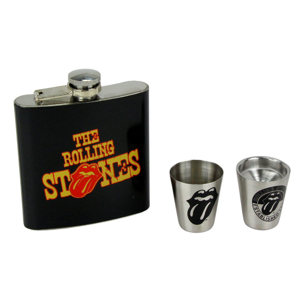 The Rolling Stones Tongue Hip Flask and Metal Glasses Drinking Set