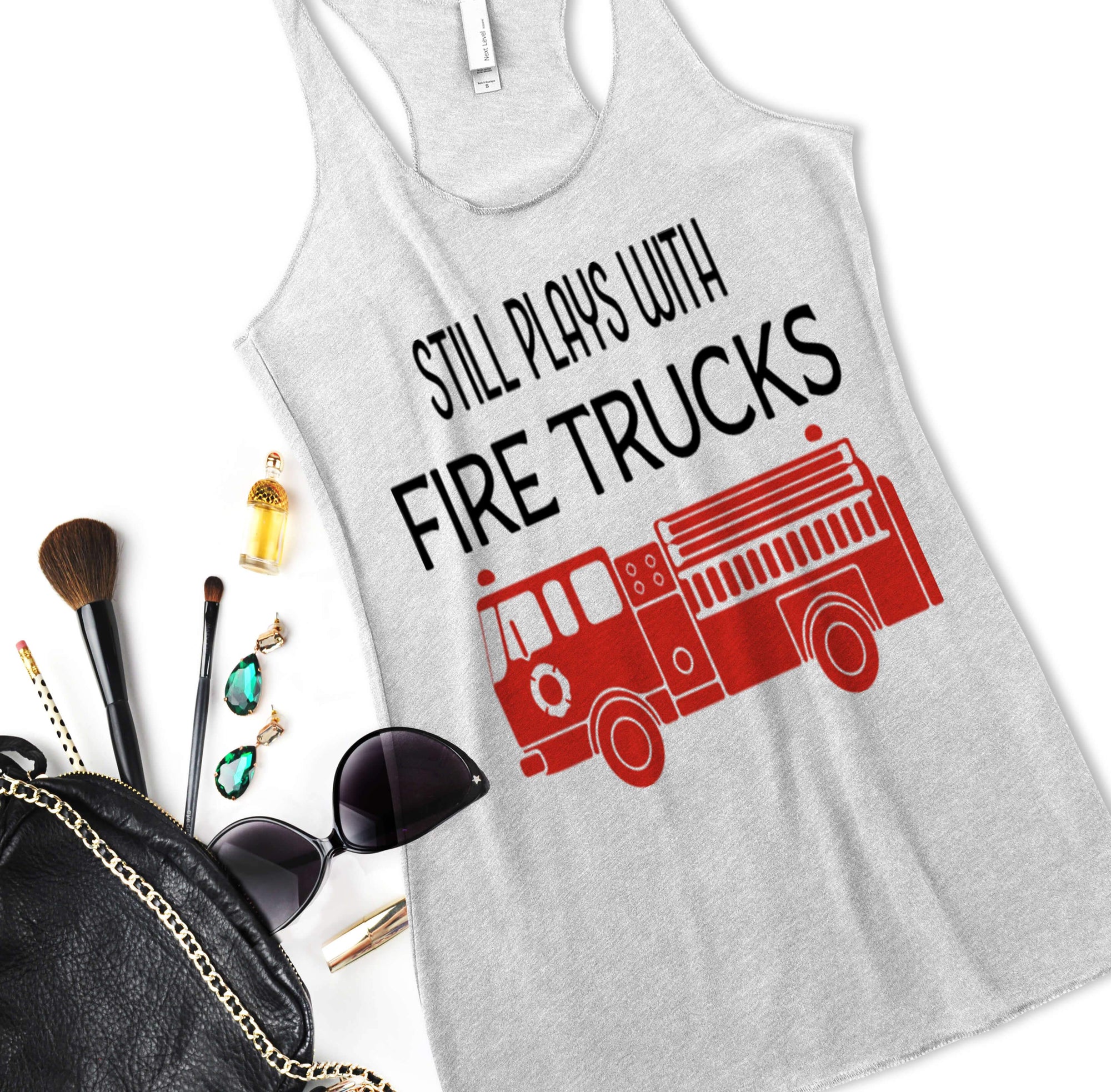 Still Plays With Fire Truck Funny Tshirt Mug Barbells And Handcuffs