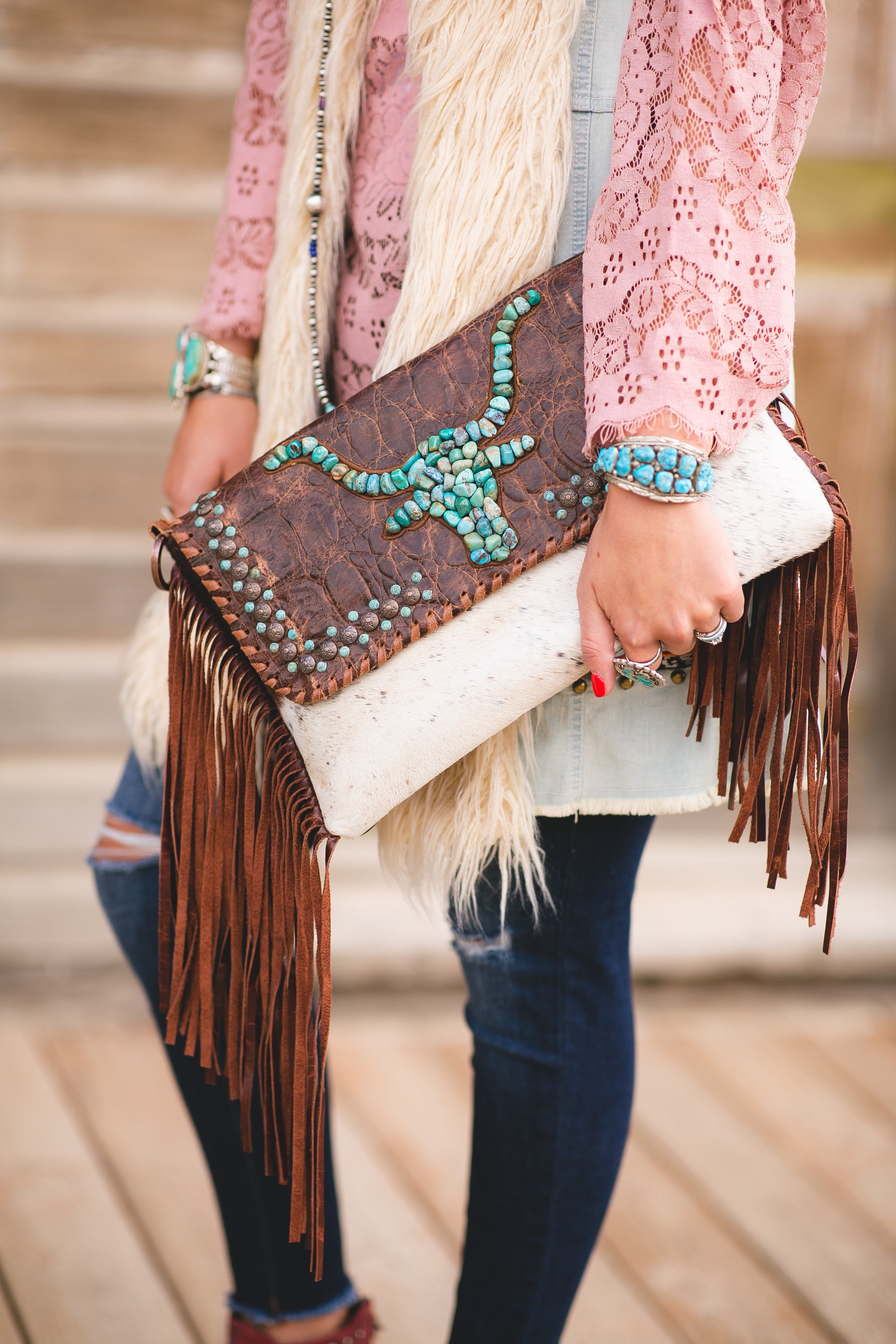 FREE BIRD- CROSSBODY BOHO FRINGE COWHIDE BAG WITH ZIPPER