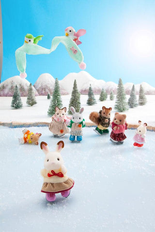 Sylvanian Families ice skating in winter scene