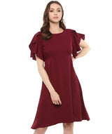 Maroon Solid Ruffle Sleeves Fit and Flare Crepe Maternity Dress - Uptownie
