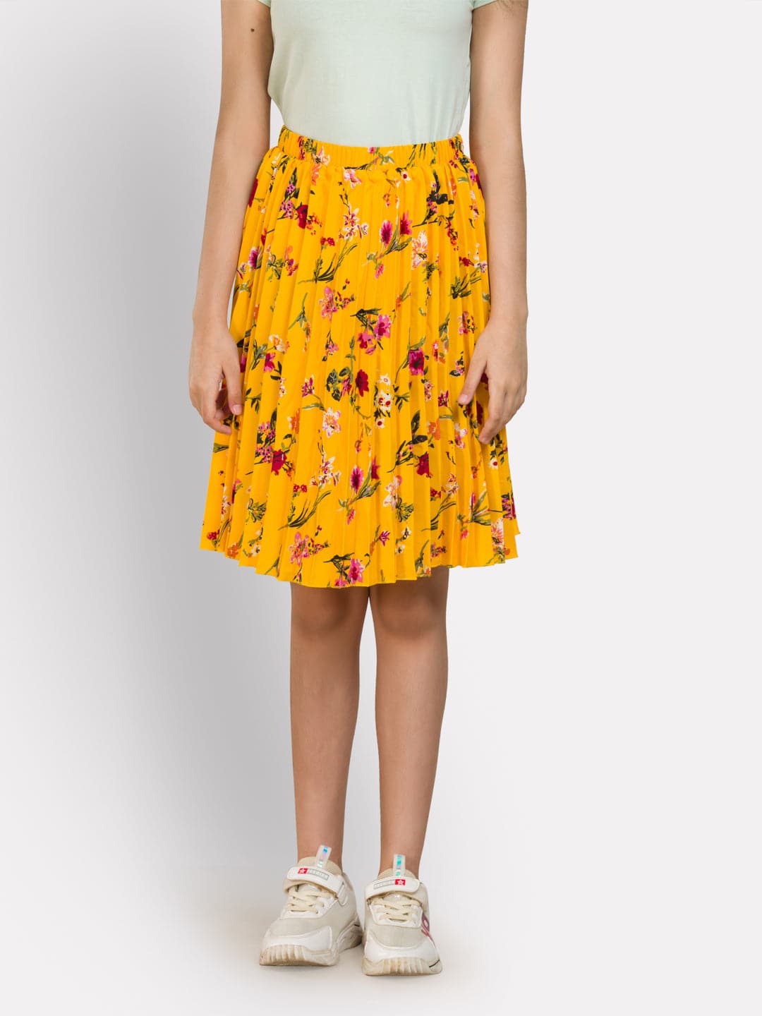 Floral Navy Blue & Yellow Pleated Skirt Combo for Girls - Uptownie