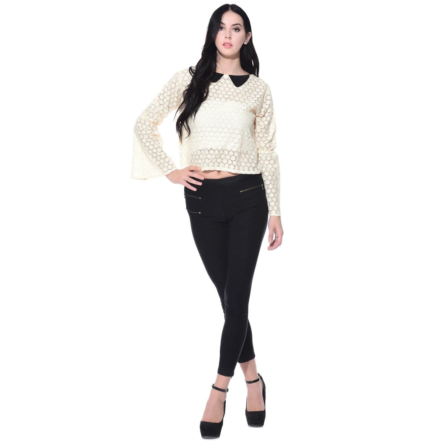 White Lace Black Collared Bell Sleeeves Crepe Top - Uptownie