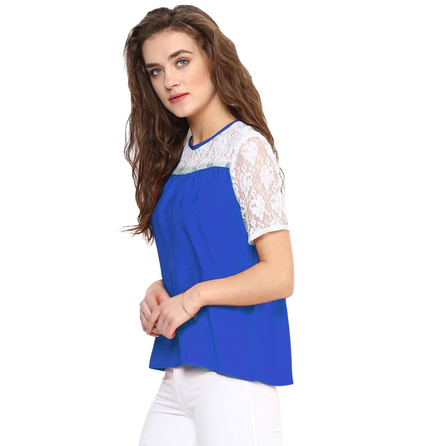 Solid Blue & White Lace Crepe Top - Uptownie