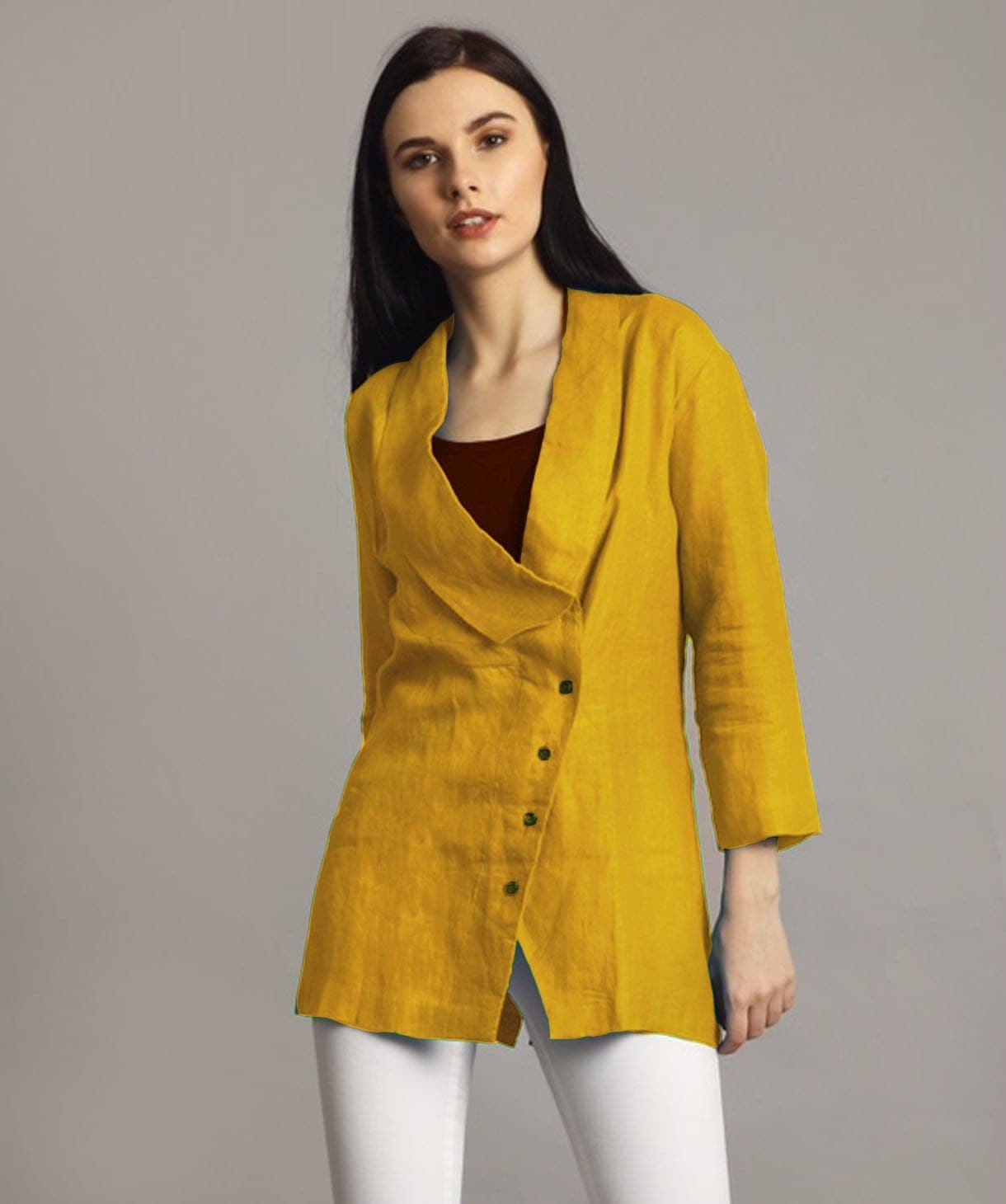 Mustard Linen Jacket Style Tunic- Shop Online