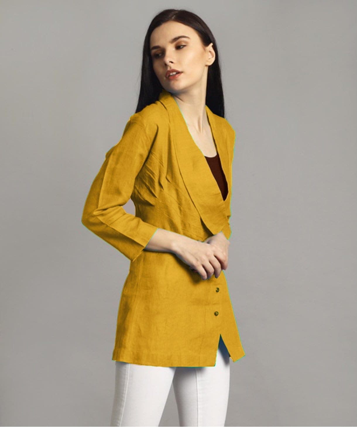 Mustard Linen Jacket Style Tunic- Shop Online