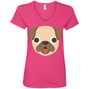 Pug Face Emoji Ladies’ V-Neck T-Shirt