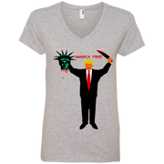 Trump Holding Statue of Liberty Head America First  Ladies’ V-Neck
