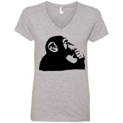 Banksy’s Monkey Thinking of a Solution Ladies’ V-Neck T-Shirt
