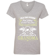 Tent Pitching, Fish Catching, Camping Kinda Grandma Ladies’ V-Neck T-Shirt