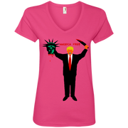 Trump Holding Statue of Liberty Head America First  Ladies’ V-Neck