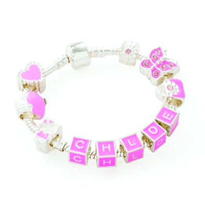 Kids Silver Pink Teddy Charm Bracelet