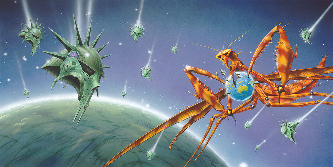 Gravity album art by Rodney Matthews for Praying Mantis