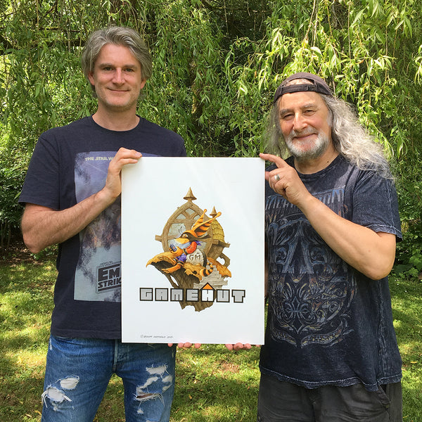 Jon Burton and Rodney Matthews with GameHut logo