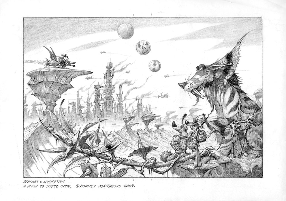 A View to Septo City pencil drawing © Rodney Matthews