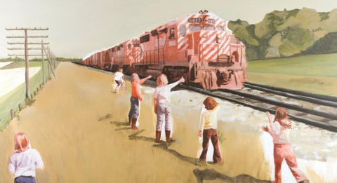 image of Kate Lowe's painting of six young children by a train track watching a red train go by in a countryside scene