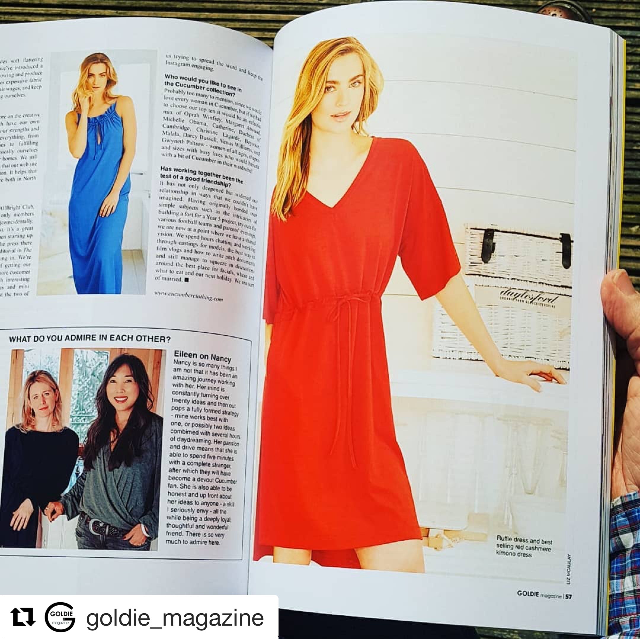 Goldie Magazine features Cucumber Clothing founders Nancy Zeffman and Eileen Willett and their wicking, cooling, fashtech brand Cucumber Clothing