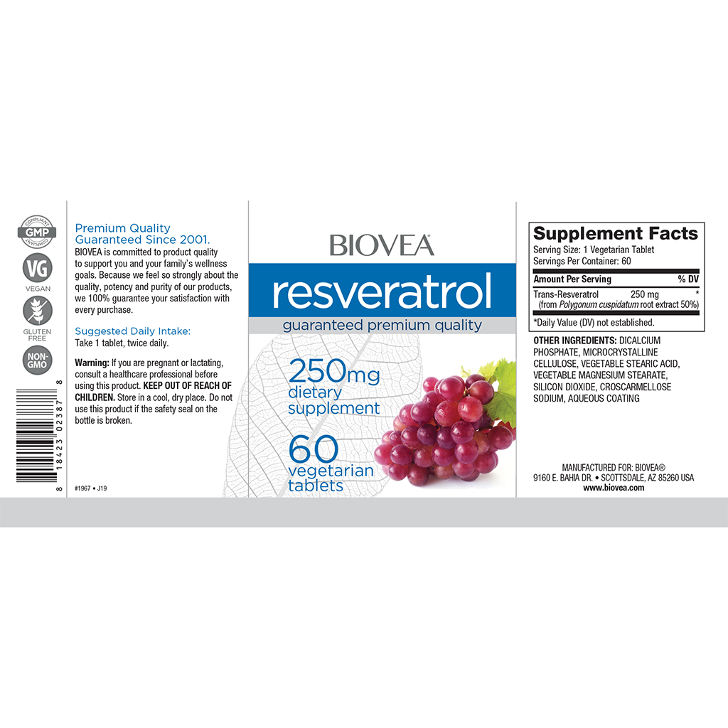 biovea resveratrol 250mg 60 tablets label