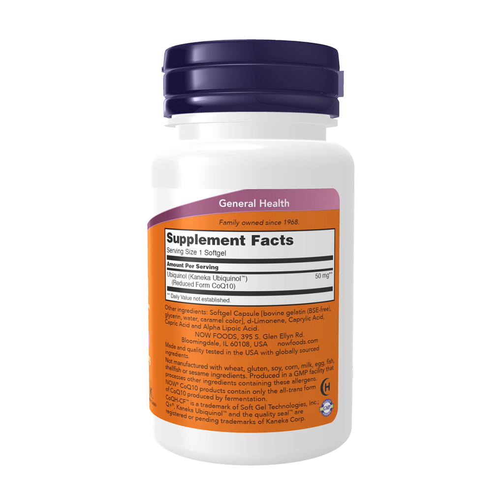 NOW Foods Ubiquinol CoQH-CF (60 soft gels) Achterkant