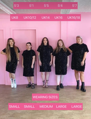 a range of women in different sizes showing the size range of the isolated heroes plus size sequin dresses in black colour. available in sizes 12 - 28