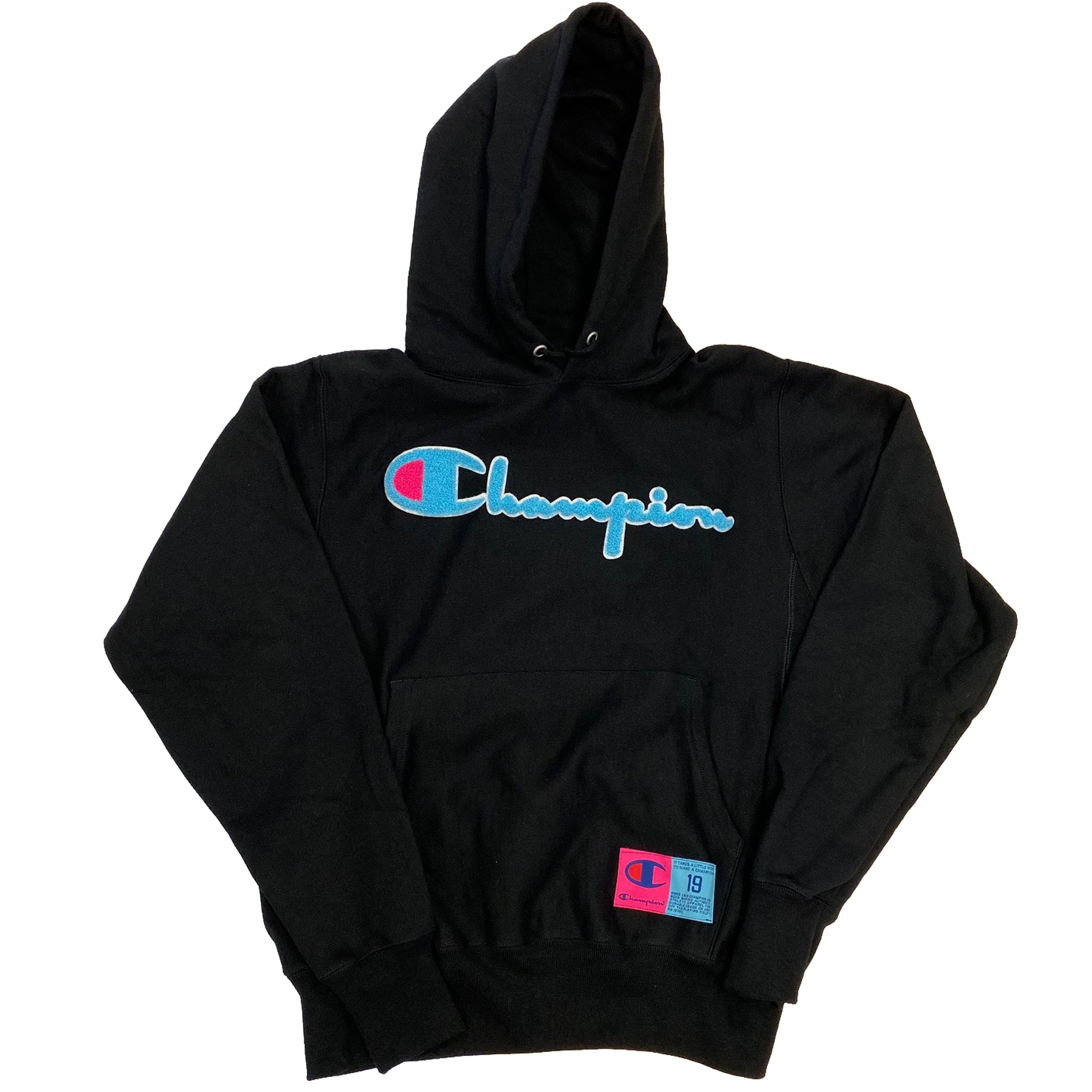 champion reverse weave chenille logo black hoodie